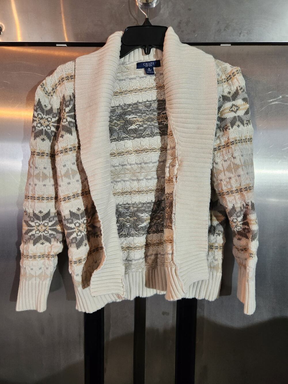 Chaps Cardigan Sweater Women's Size Medium Cream Brown Fair Isle Print